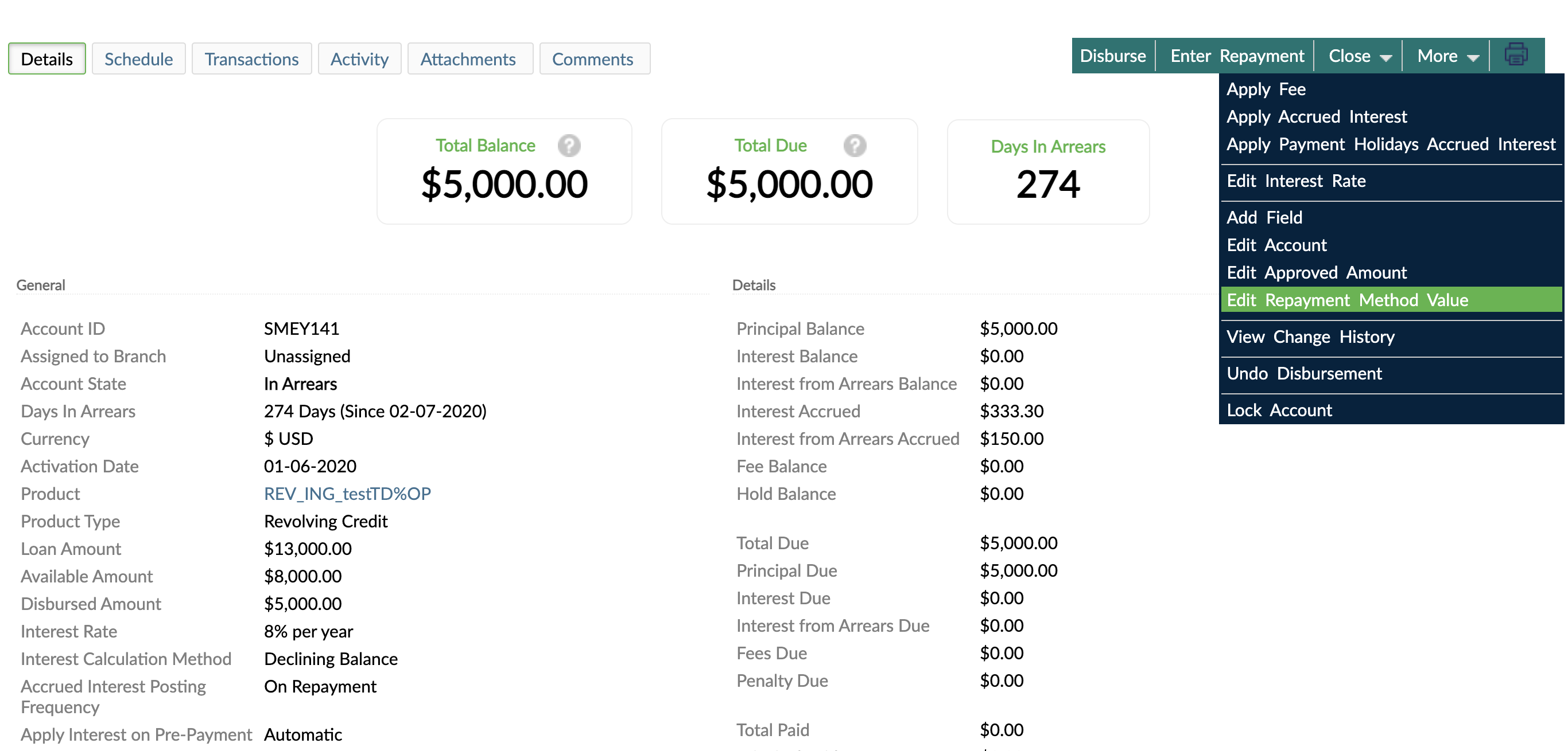 The Edit Repayment Method Value option available under More
